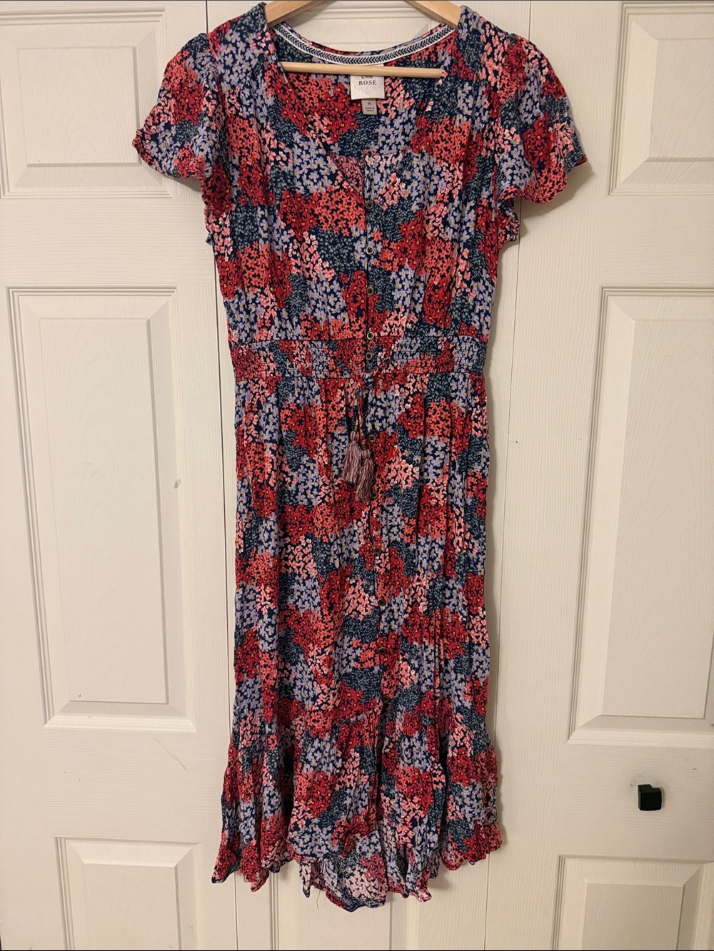 Knox Rose Red & Blue Floral Midi Dress with Button Front size medium